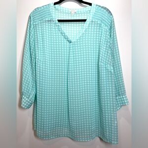 NWOT Talbots Sheer Aqua‎ White Gingham Blouse Size 2X